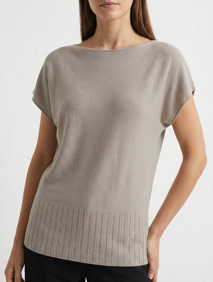 Pull fin uni à col rond arrondi - Taupe