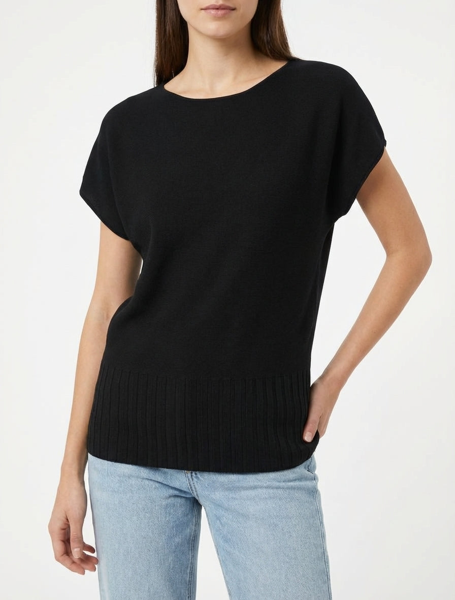 Pull fin uni à col rond arrondi - Noir