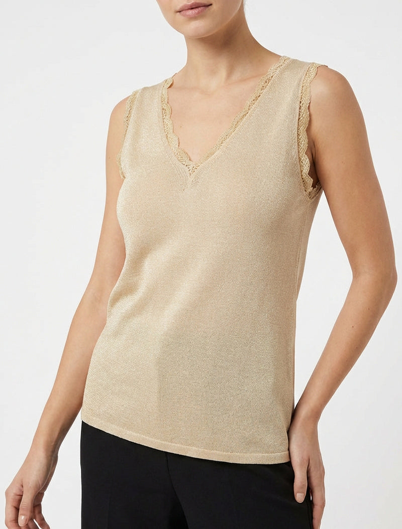 Débardeur en maille irisée à dentelle - Beige