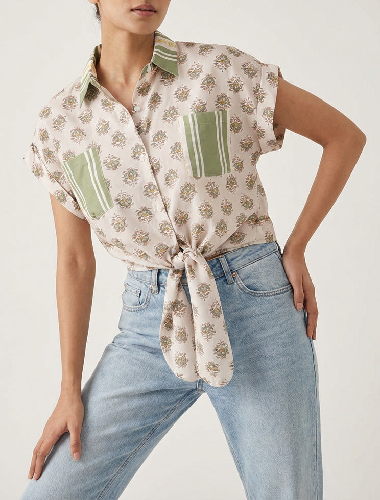 Chemise courte à nouer imprimé floral - Vert olive