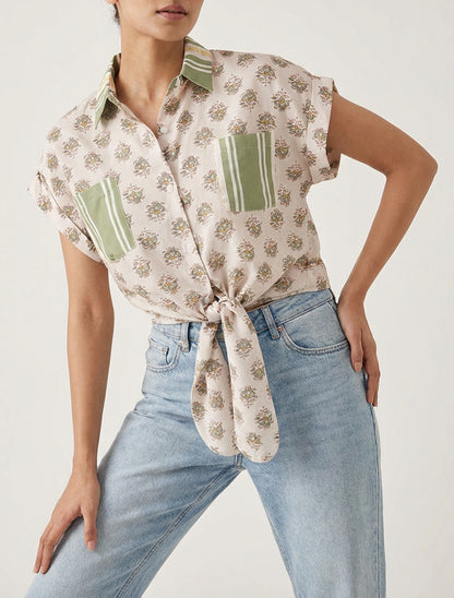 Chemise courte à nouer imprimé floral - Vert olive