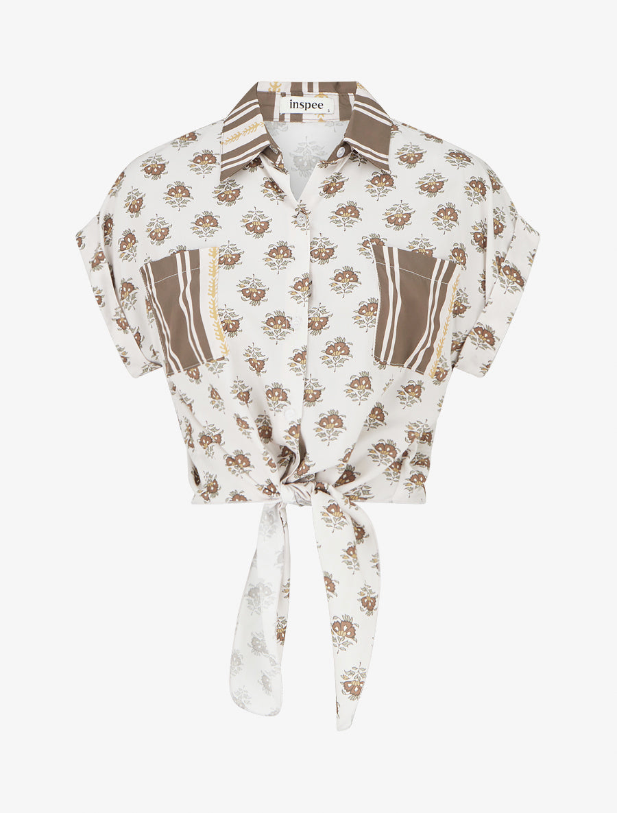 Chemise courte à nouer imprimé floral - Marron - 1