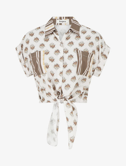 Chemise courte à nouer imprimé floral - Marron - 1