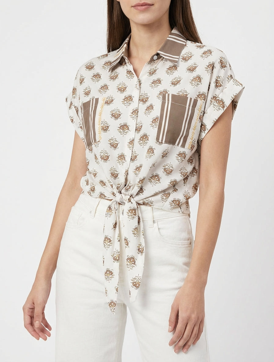 Chemise courte à nouer imprimé floral - Marron