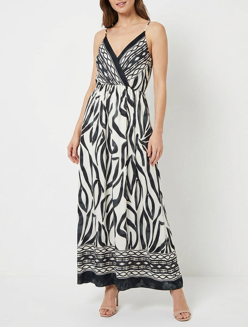 Robe longue élastiquée à imprimé fantaisie - Noir