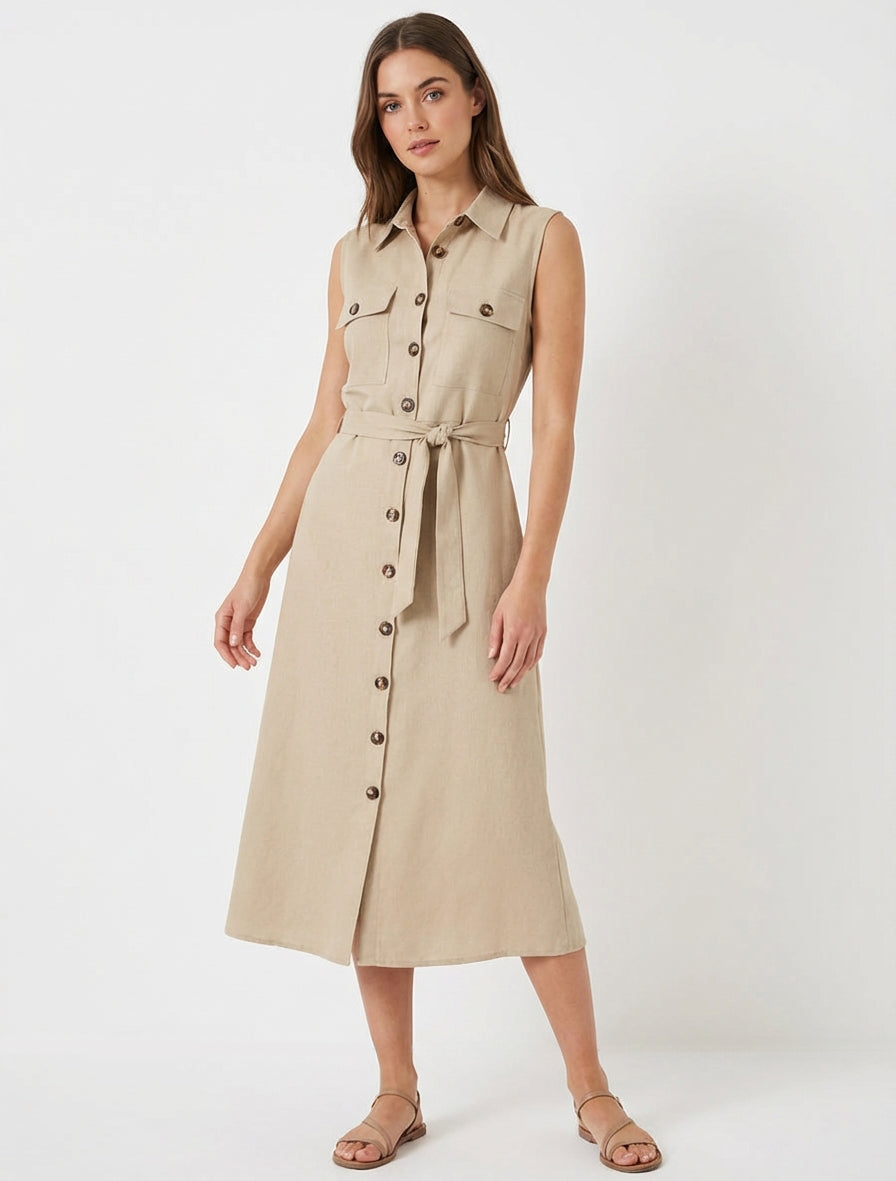 Robe chemise droite sans manches - Beige