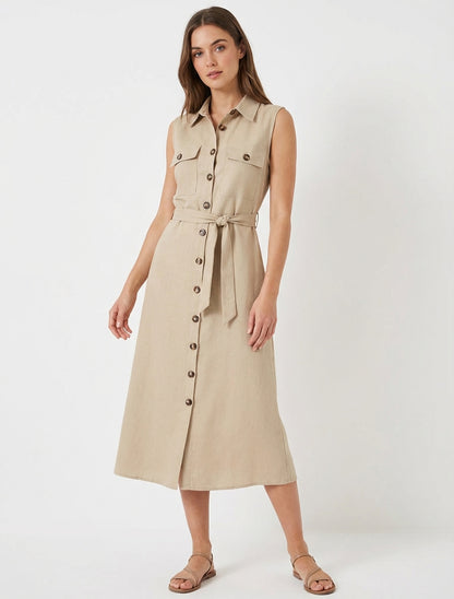 Robe chemise droite sans manches - Beige