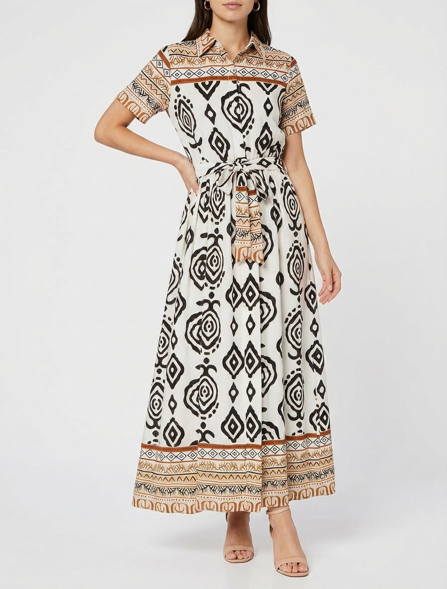 Robe longue évasée imprimé graphique - Blanc/marron
