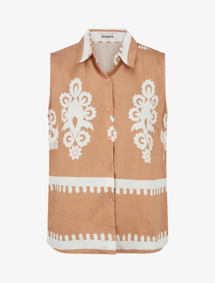 Chemise sans manches imprimé arabesques - Camel - 1