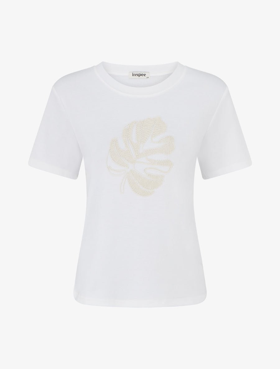 T-shirt uni à broderie feuille - Blanc - 1
