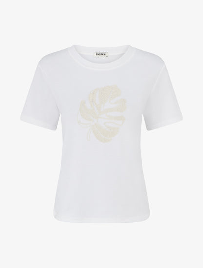 T-shirt uni à broderie feuille - Blanc - 1