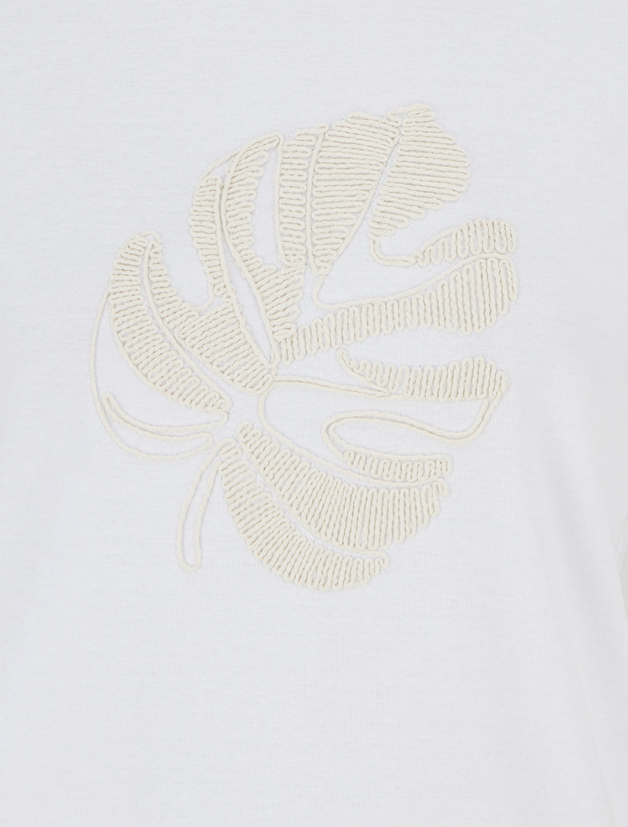 T-shirt uni à broderie feuille - Blanc - 3