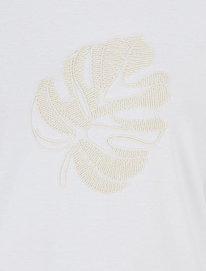 T-shirt uni à broderie feuille - Blanc - 3