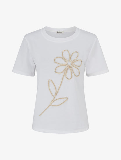 T-shirt uni à broderie fleur - Blanc - 1