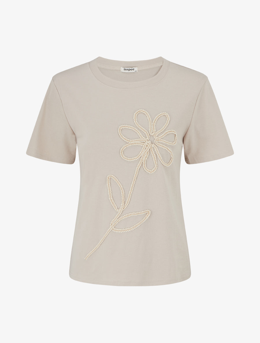 T-shirt uni à broderie fleur - Beige - 1