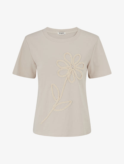 T-shirt uni à broderie fleur - Beige - 1