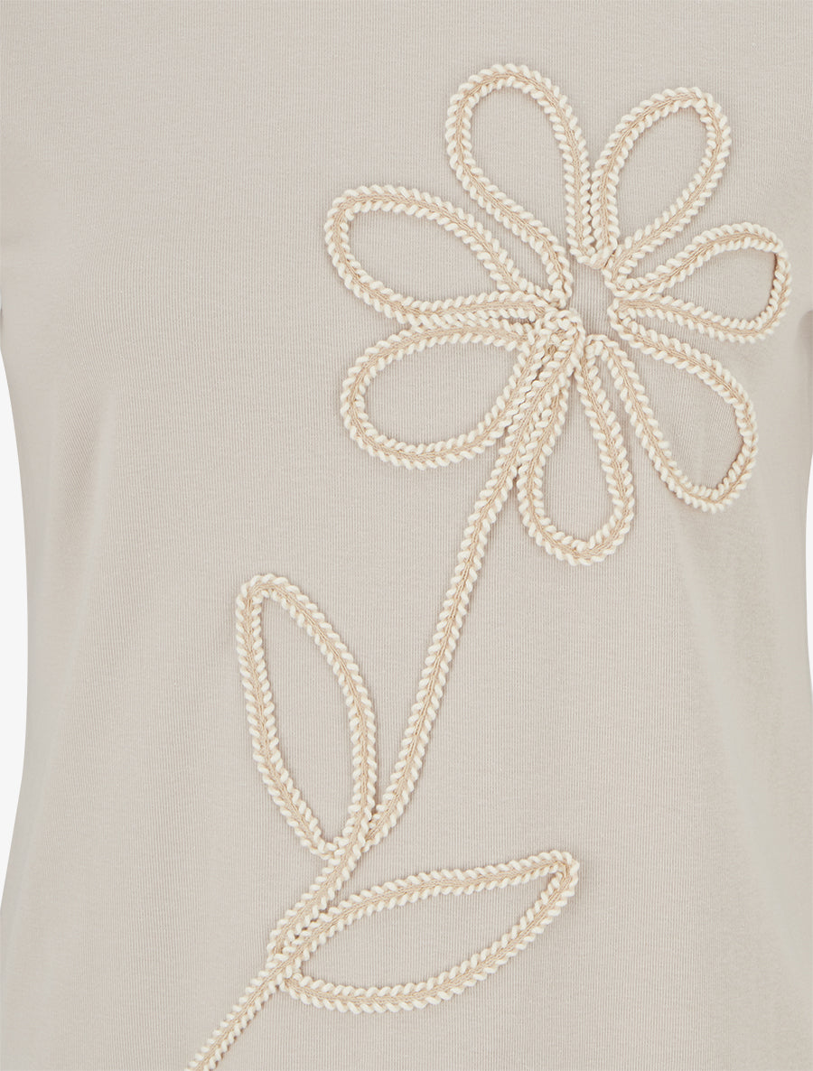 T-shirt uni à broderie fleur - Beige - 3