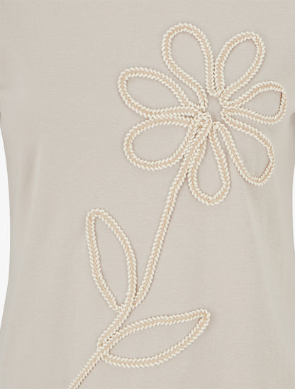 T-shirt uni à broderie fleur - Beige - 3