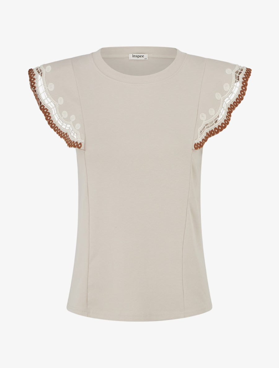 T-shirt uni manches courtes brodées - Beige - 1