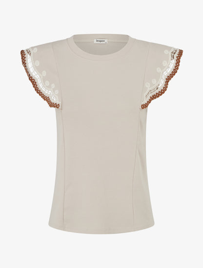 T-shirt uni manches courtes brodées - Beige - 1