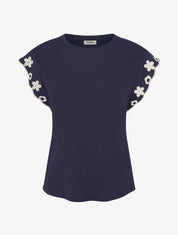 T-shirt uni à motif floral - Marine - 1