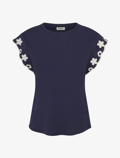 T-shirt uni à motif floral - Marine - 1
