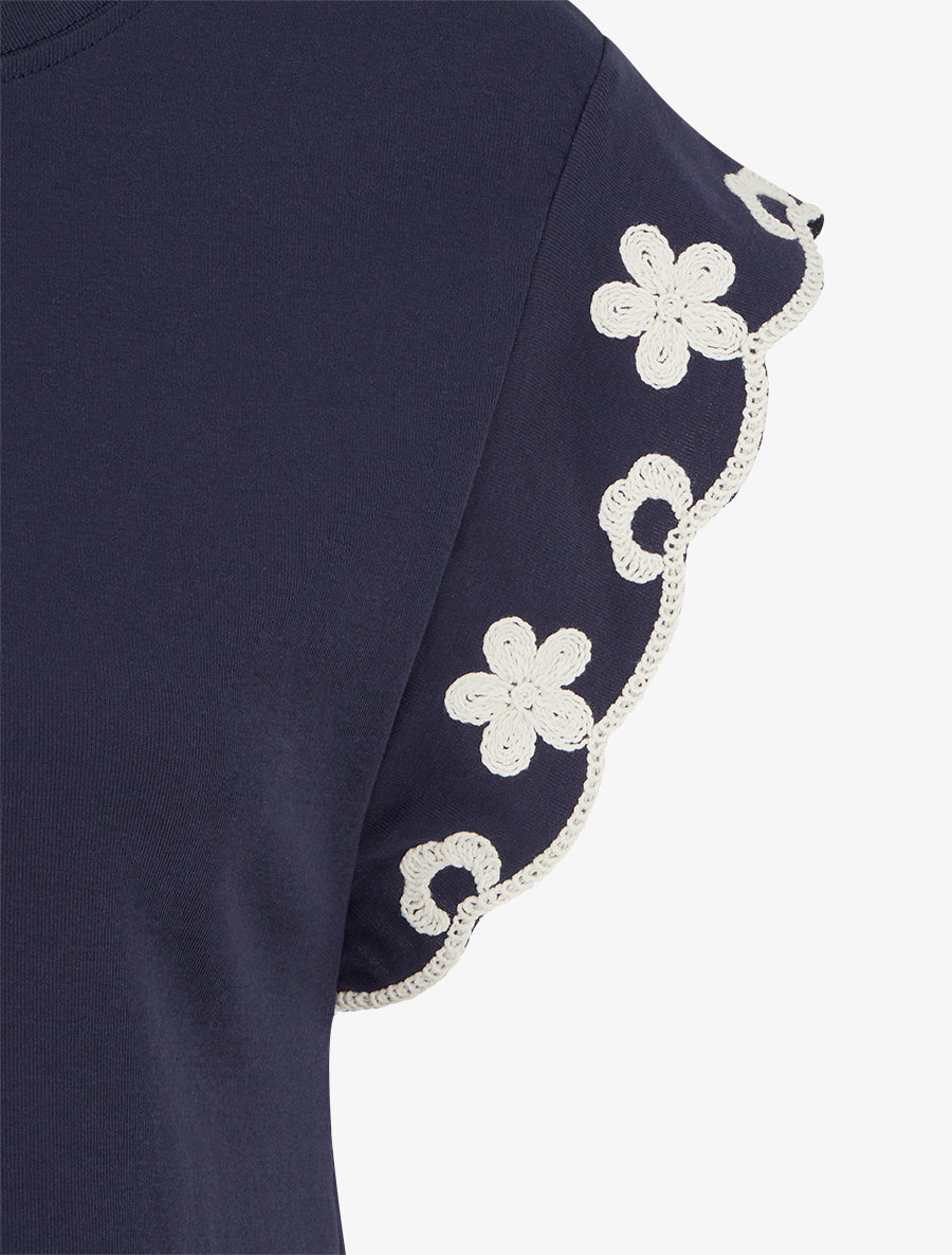 T-shirt uni à motif floral - Marine - 3