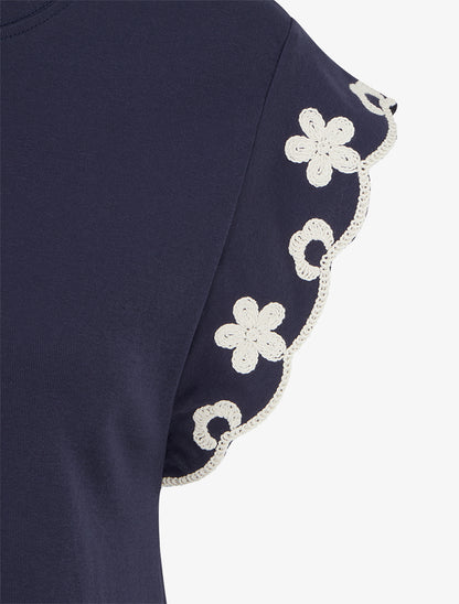T-shirt uni à motif floral - Marine - 3