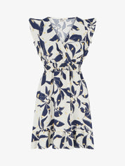Robe imprimé feuilles à taille élastiquée - Marine - 1