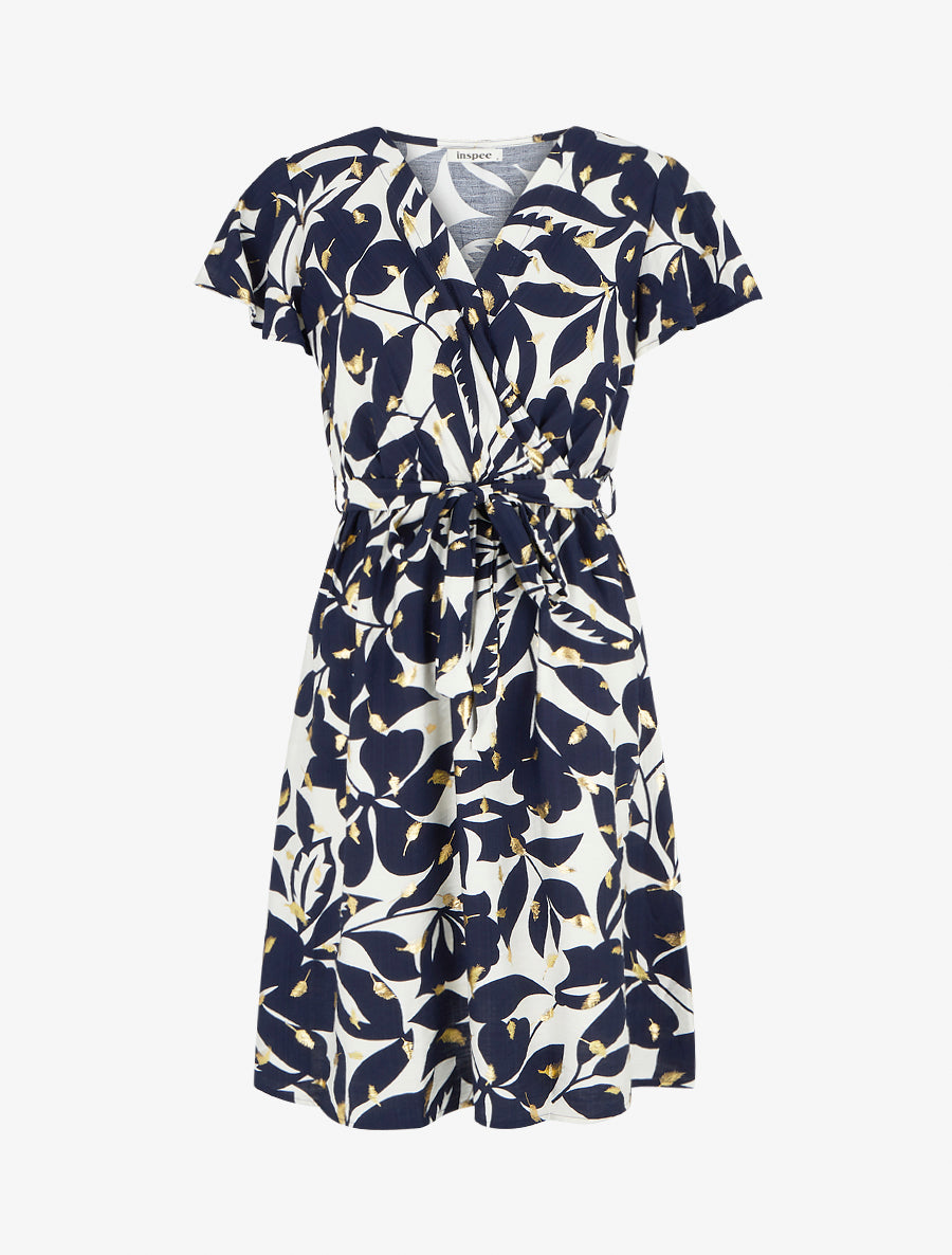 Robe mi-longue imprimé feuilles et irisée - Marine - 1