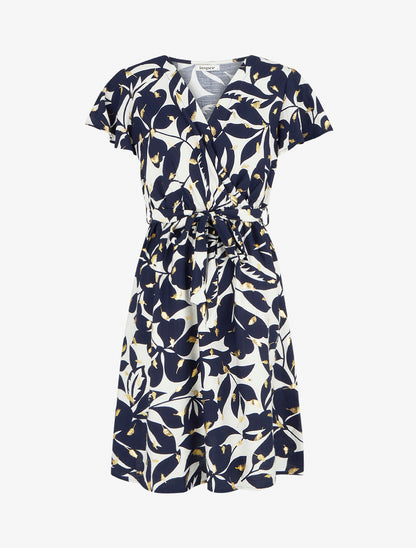 Robe mi-longue imprimé feuilles et irisée - Marine - 1