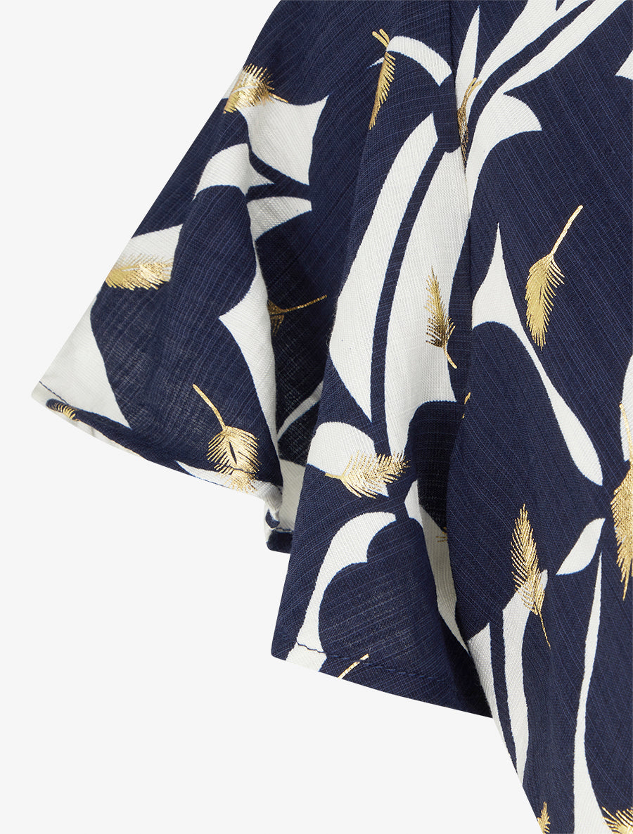 Robe mi-longue imprimé feuilles et irisée - Marine - 3