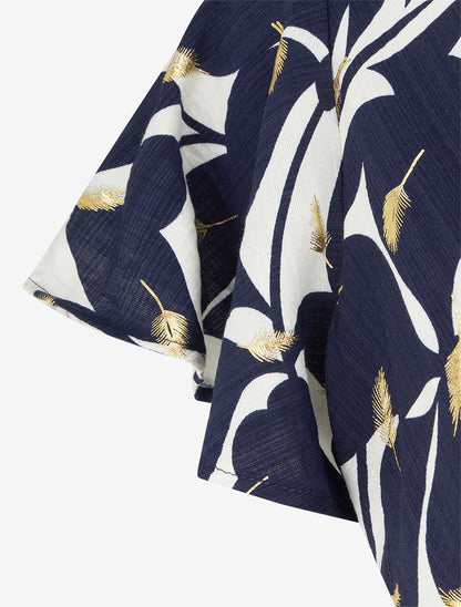 Robe mi-longue imprimé feuilles et irisée - Marine - 3