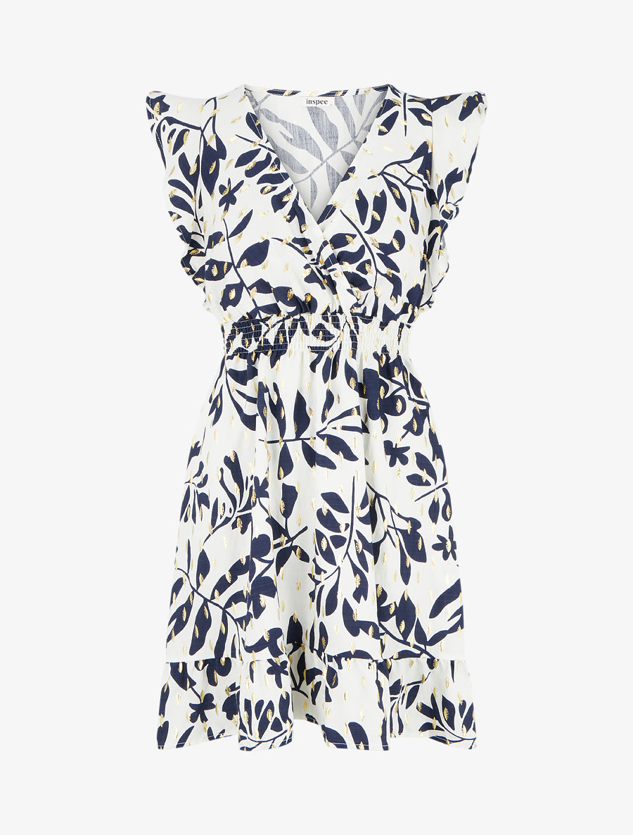 Robe imprimé feuillage à taille élastiquée - Marine - 1