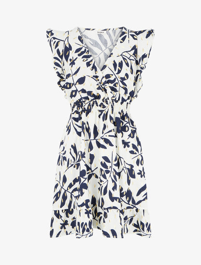 Robe imprimé feuillage à taille élastiquée - Marine - 1