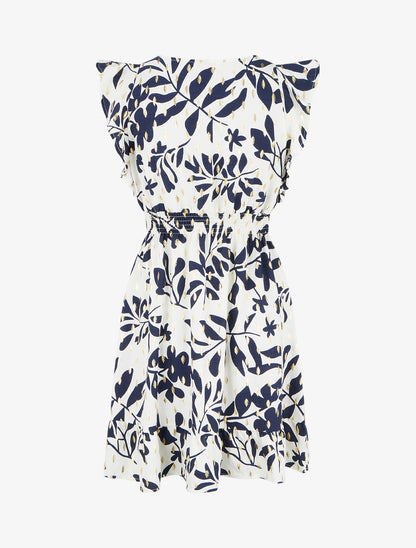 Robe imprimé feuillage à taille élastiquée - Marine - 2