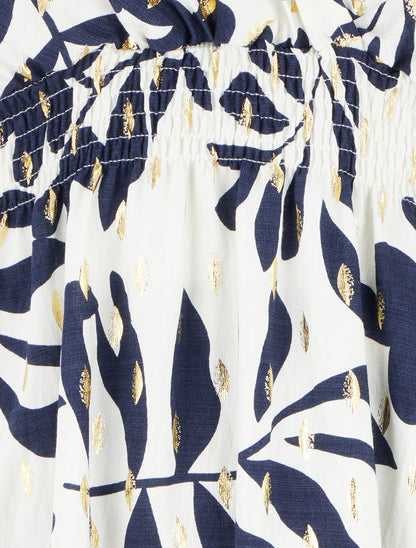 Robe imprimé feuillage à taille élastiquée - Marine - 3