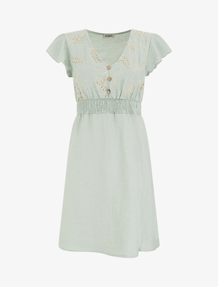 Robe mi-longue élastiquée à buste brodé - Vert d&