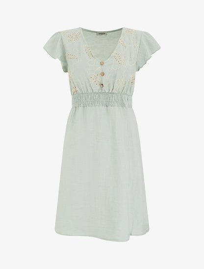 Robe mi-longue élastiquée à buste brodé - Vert d&