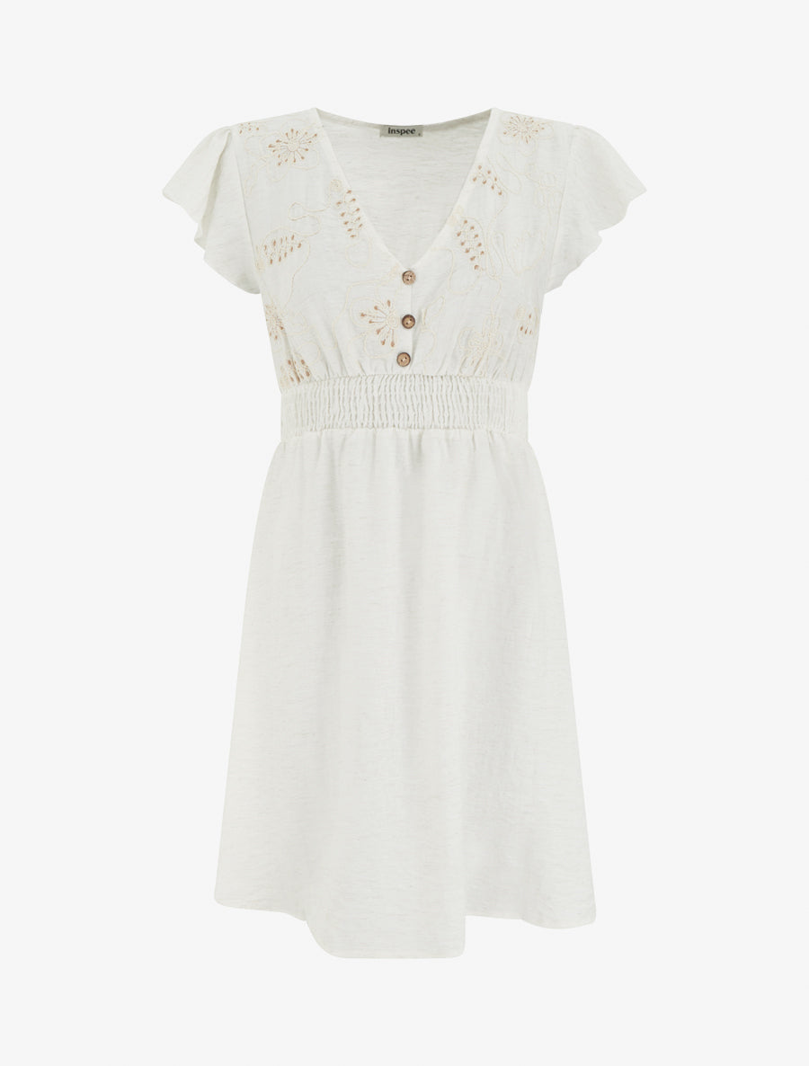 Robe mi-longue élastiquée à buste brodé - Blanc - 1