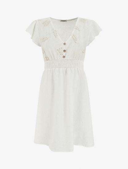 Robe mi-longue élastiquée à buste brodé - Blanc - 1