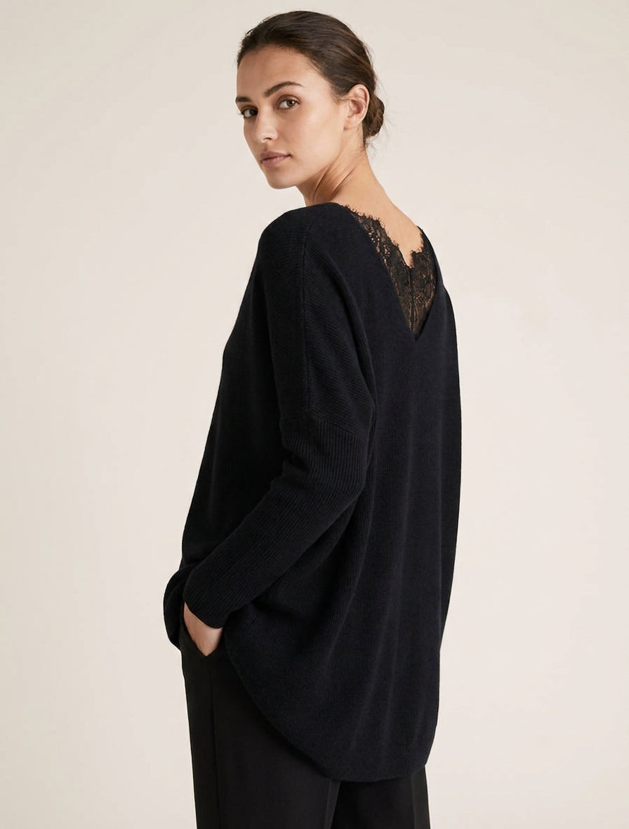 Pull long à détail dentelle au dos - Noir
