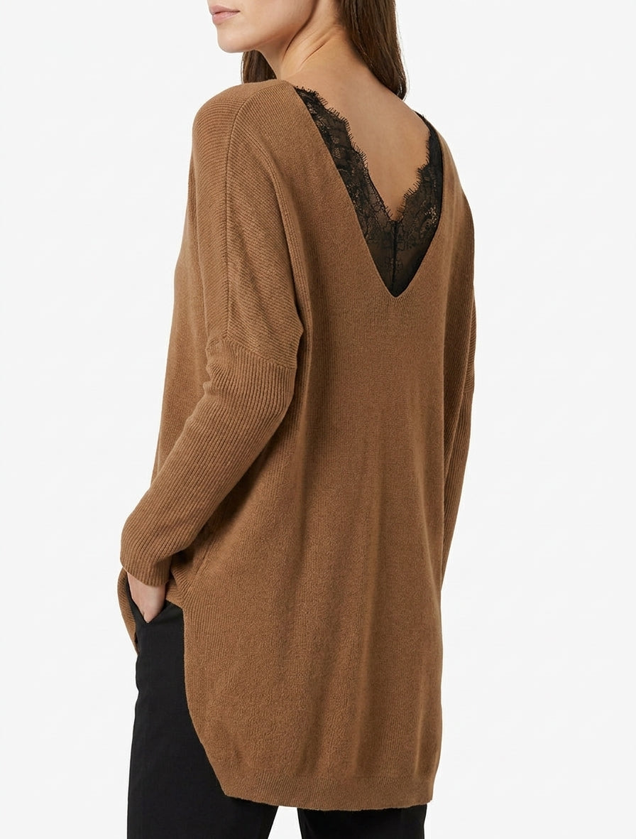 Pull long à détail dentelle au dos - Camel