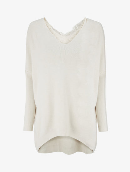 Pull long à détail dentelle au dos - Beige - 1