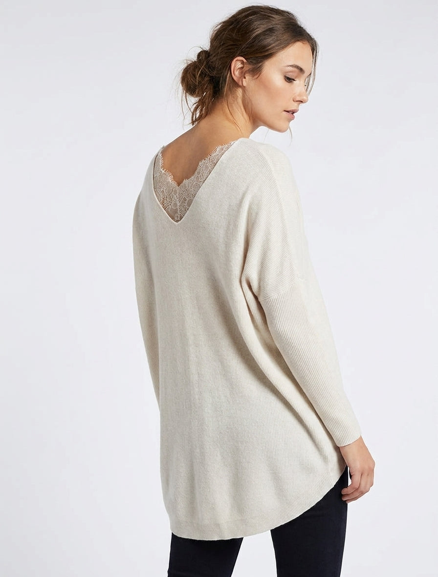 Pull long à détail dentelle au dos - Beige