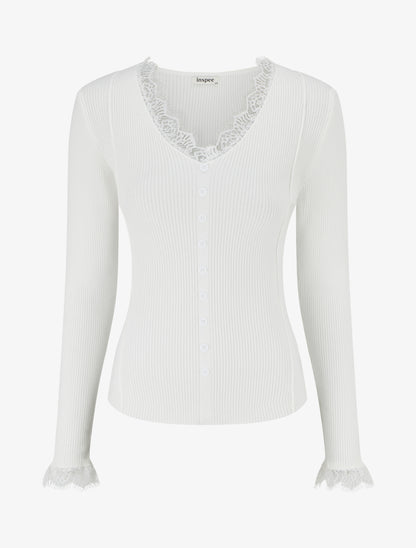 Pull ajusté à col V dentelle et boutons - Écru - 1