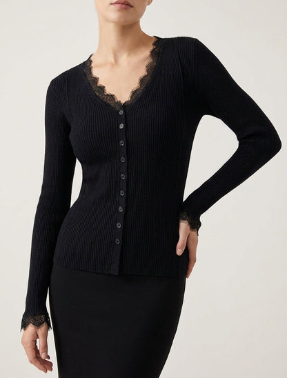 Pull ajusté à col V dentelle et boutons - Noir