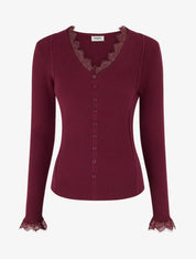 Pull ajusté à col V dentelle et boutons - Violine - 1