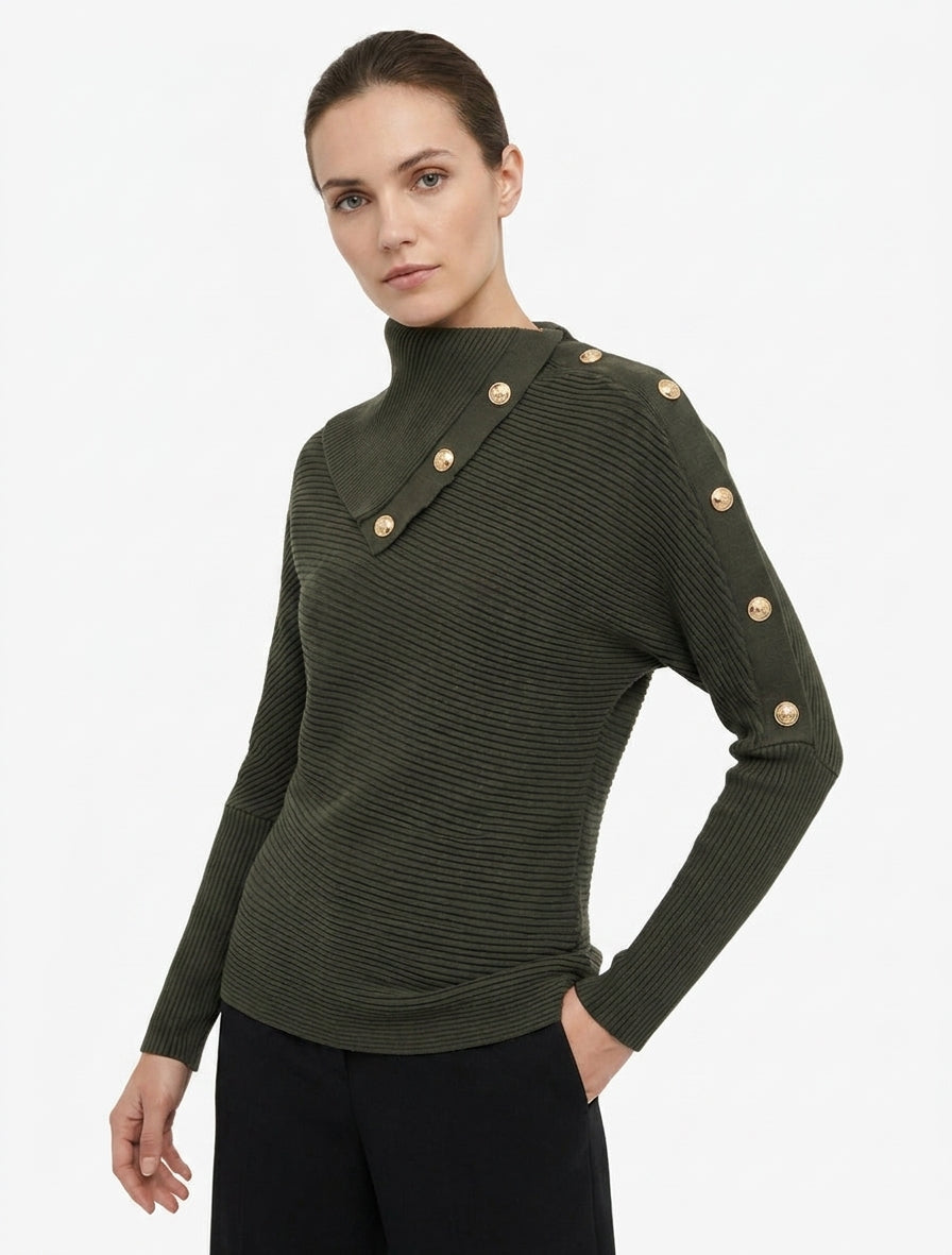 Pull uni à col roulé stylisé - Kaki