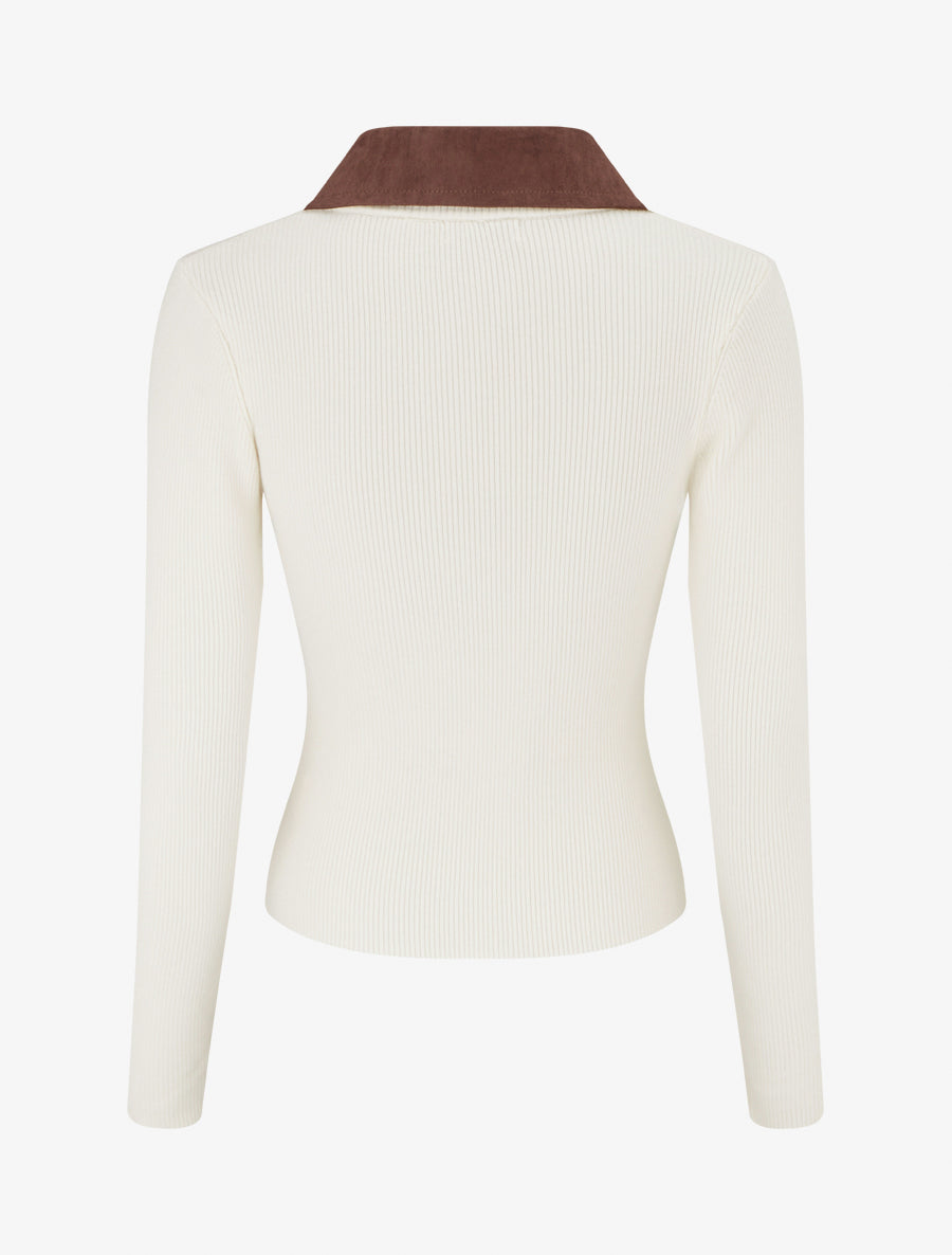Pull fin en maille à col boutonné en suédine - Écru - 2